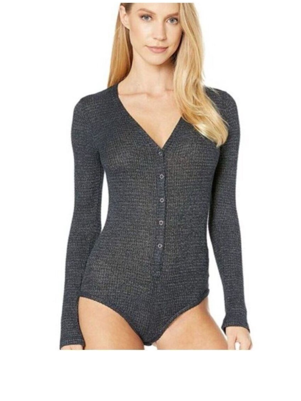Free People Intimately Waffle Knit Henley Bodysuit Thermal Blue XS Long Sleeve